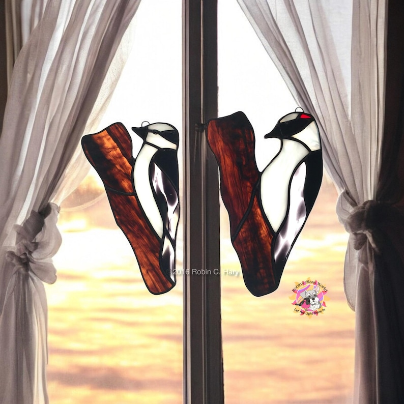 Downy Woodpecker Handmade Stained Glass Suncatcher - Thumbnail 3