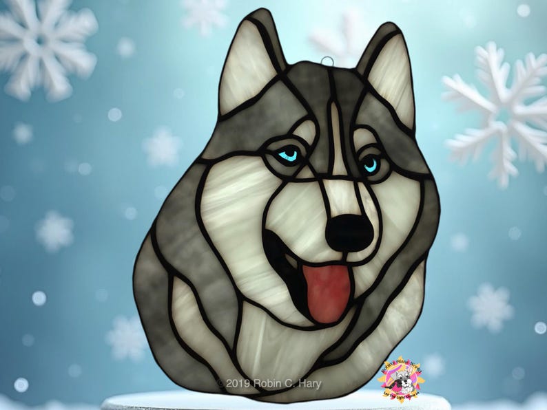 Siberian Husky Suncatcher- Gray and White with blue eyes.