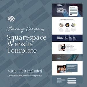 May include: A Squarespace website template for a cleaning company, with a modern design. The image shows website mockups, text, and the phrase "MRR - PLR Included". The colour scheme is mainly blue and white.