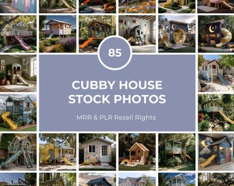 May include: A collage of cubby house stock photos. The images showcase various playhouses with slides, ladders, and decorative elements. The playhouses are in different colors and styles, set in outdoor environments.