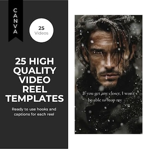 Puede incluir: Gr&aacute;fico de Canva con texto que dice "25 HIGH QUALITY VIDEO REEL TEMPLATES". El gr&aacute;fico tambi&eacute;n incluye el texto "Ready to use hooks and captions for each reel". Un retrato de un hombre est&aacute; a la derecha.