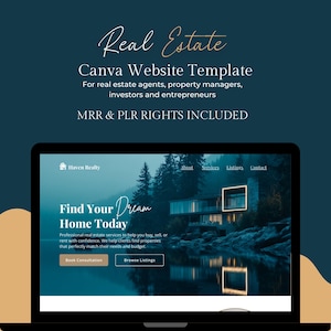 Può includere: Uno schermo di un laptop mostra un modello di sito web Canva per immobili. Il modello è progettato per agenti immobiliari, gestori di proprietà, investitori e imprenditori. Il sito web presenta un paesaggio sereno.