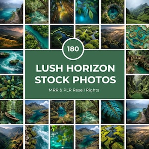 Op de afbeelding: Een verzameling van 20 landschapsfoto's met weelderige bossen, rivieren en watervallen. De afbeeldingen tonen levendige groenen, blauwen en bruinen, met een verscheidenheid aan natuurlijke scènes. De tekst "LUSH HORIZON STOCK PHOTOS" staat op een groene achtergrond.