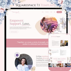 Op de afbeelding: Een roze en witte website-sjabloon voor een bedrijf voor prenatale ondersteuning. De website bevat een foto van een zwangere vrouw in een lavendelveld en tekst die zegt "Empower. Support. Love." en "Samen creëren we een cirkel van kracht, waar moederschap wordt gevierd en gekoesterd."