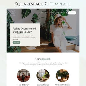 May include: A website homepage for a therapist offering services such as 1-on-1 therapy, couples therapy, and wellness workshops. The website features a photo of a woman sitting on a staircase in a lush green setting. The text on the website reads "Feeling Overwhelmed and Stuck in Life?" and "Our approach".