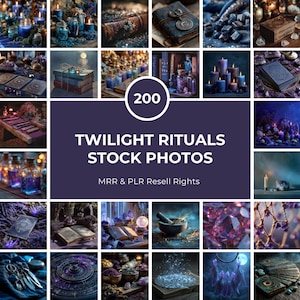 Puede incluir: Una colección de fotos de stock con temática mística. Las imágenes presentan velas, libros, cristales y pociones en tonos azules, morados y dorados. El texto sobre un fondo morado oscuro dice "Twilight Rituals Stock Photos".