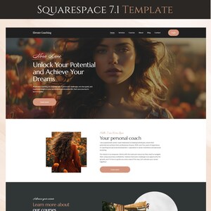May include: Website homepage for Elevate Coaching, featuring a woman with long brown hair and a floral background. The text "Nora Lane" is displayed above the headline "Unlock Your Potential and Achieve Your Dreams".