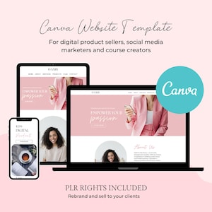 May include: A digital product template displayed on a laptop, tablet, and smartphone. The website design features a pink and white colour scheme with the text "Empower Your Passion." The image includes the text "Canva Website Template."