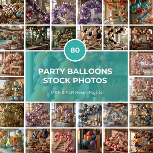 Puede incluir: Una colección de 80 fotos de archivo que muestran varios arcos de globos y decoraciones de fiesta en diversas paletas de colores, incluyendo oro, azul, rosa y morado, en interiores y exteriores con el texto 80 PARTY BALLOONS STOCK PHOTOS.