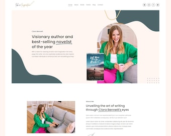 May include: A website homepage for a best-selling novelist, Clara Bennett. The website features a photo of the author, a book cover for her novel "Lost Moon From Another", and text about her writing.
