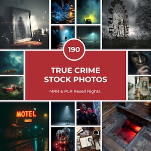 May include: A collection of true crime stock photos. The images include a broken mirror, a crime scene, a car in a forest, a motel sign, a Ferris wheel, a mask, and a missing person poster. The text reads "TRUE CRIME STOCK PHOTOS".