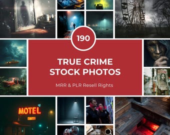 May include: A selection of true crime stock photos. The images feature a broken mirror, a crime scene, a car in a forest, a motel sign, a Ferris wheel, a mask, and a missing person poster. The text reads "TRUE CRIME STOCK PHOTOS".