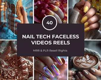 May include: A collage of images showcasing various nail designs. The images include close-ups of manicured nails with different colors and styles, including chrome, glitter, and ombre effects. The text "NAIL TECH FACELESS VIDEOS REELS" is displayed.