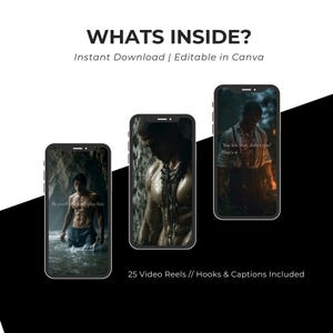 Puede incluir: Imagen con tres smartphones que muestran im&aacute;genes de hombres. El texto "WHATS INSIDE?" est&aacute; en la parte superior, con "Instant Download | Editable in Canva" debajo. El texto inferior dice "25 Video Reels // Hooks & Captions Included."