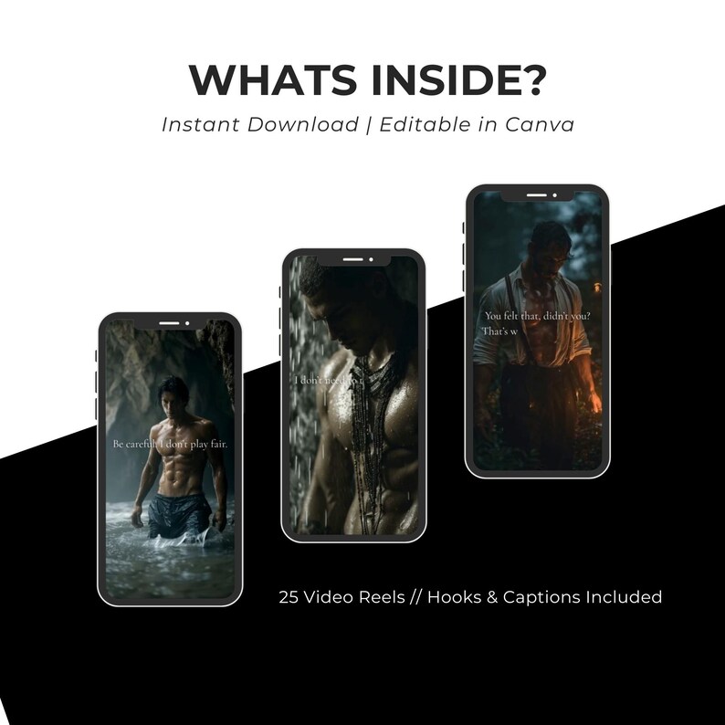Puede incluir: Imagen con tres smartphones que muestran im&aacute;genes de hombres. El texto "WHATS INSIDE?" est&aacute; en la parte superior, con "Instant Download | Editable in Canva" debajo. El texto inferior dice "25 Video Reels // Hooks & Captions Included."