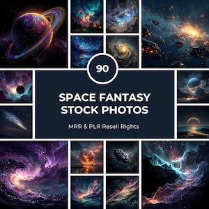 Può includere: Una collezione di nove foto stock di fantasia spaziale, con pianeti, galassie e nebulose dai colori vivaci. Le immagini sono disposte attorno a un rettangolo blu scuro centrale con il testo "SPACE FANTASY STOCK PHOTOS" e "90".