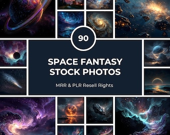 May include: A collection of nine space fantasy stock photos, featuring planets, galaxies, and nebulae in vibrant colors. The images are arranged around a central dark blue rectangle with the text "SPACE FANTASY STOCK PHOTOS" and "90".