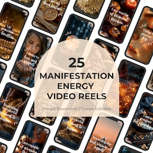 Puede incluir: Una colección de 25 videos digitales tipo reels con temas de manifestación y energía con superposiciones de texto. La pantalla muestra varias escenas que incluyen purpurina dorada, velas y citas inspiradoras como I deserve love and respect.
