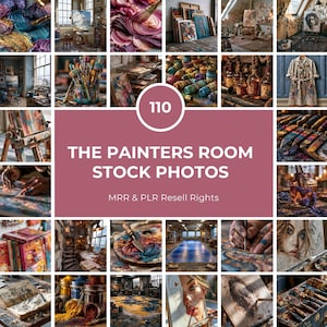 May include: A collection of 110 stock photos titled The Painters Room Stock Photos featuring various artistic scenes including paint brushes, canvases, palettes, art studios, and detailed close-ups of painting processes and tools.