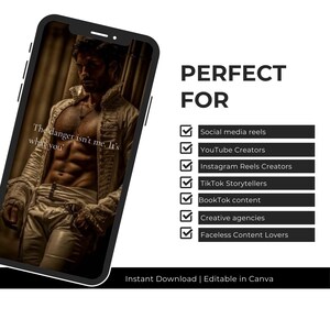 Puede incluir: Un smartphone muestra una foto de un hombre con una chaqueta color crema con el texto "The danger isn't me. It's what you." La imagen est&aacute; etiquetada como "Perfect For" reels de redes sociales, creadores de YouTube, etc. La parte inferior dice "Instant Download | Editable in Canva."