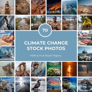 Puede incluir: Una colección de 20 fotos de archivo con el texto "CLIMATE CHANGE STOCK PHOTOS" y el número "70" en un círculo. Las imágenes representan diversas escenas relacionadas con el cambio climático, incluyendo daños ambientales, desastres naturales e impacto humano.
