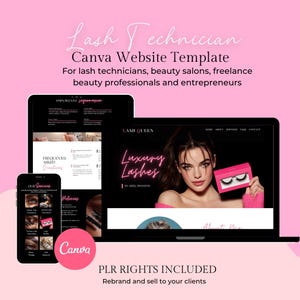 May include: A pink graphic promoting a Canva website template for lash technicians, beauty salons, and beauty professionals. The design includes a laptop, tablet, and phone displaying website mockups. Text includes "Lash Technician," "Luxury Lashes," and "PLR RIGHTS INCLUDED."