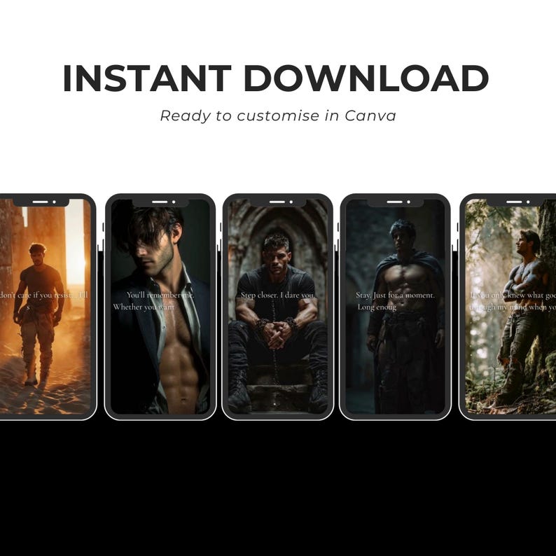 Puede incluir: Un producto de descarga digital con cinco maquetas de tel&eacute;fonos inteligentes con diferentes im&aacute;genes de hombres. La parte superior de la imagen tiene el texto "INSTANT DOWNLOAD" y "Ready to customise in Canva".