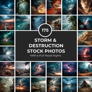 Könnte beinhalten: Eine Sammlung von 25 digitalen Bildern, die verschiedene Sturmszenen und Naturkatastrophen darstellen. Die Bilder zeigen dramatische Himmel, Tornados und Szenen der Zerstörung. Der Text auf dem Bild lautet "175 STORM & DESTRUCTION STOCK PHOTOS MRR & PLR Resell Rights."