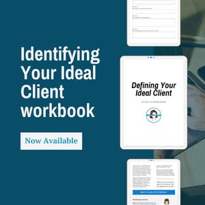 Puede incluir: Un libro de trabajo digital titulado "Defining Your Ideal Client: Guide & Workbook" con un gráfico de la cara de una mujer. El libro de trabajo está disponible para descargar. El texto "Now Available" se muestra en un fondo azul.