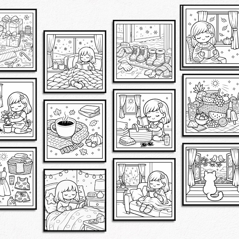 4 Seasons Cozy Coloring Book | Girly Hygge Coloring Pages | Kawaii Seasonal Coloring | Relaxing Bold Line Art | 24 Pages