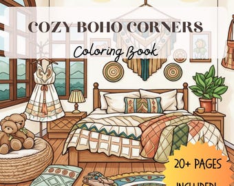 Cozy Boho Corners Coloring Book | Relaxing Bold Line Boho Spaces | Easy Adult Coloring Pages for Stress Relief