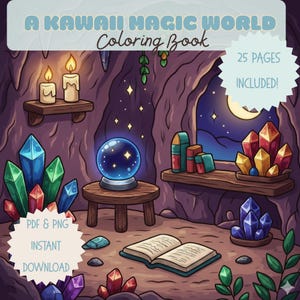 かわいい塗り絵 | 魔法の世界、心地よい風景（デジタルダウンロード、25ページのPDF）