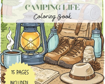 Målarbok för campingliv, aktivitet på 15 sidor, naturäventyr, utskrivbar PDF-nedladdning