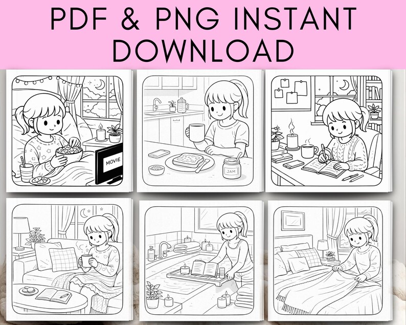 Soft Life Scenes Coloring Book - Relaxing Kawaii Illustrations, 20+ Pages (Digital Download) image 8