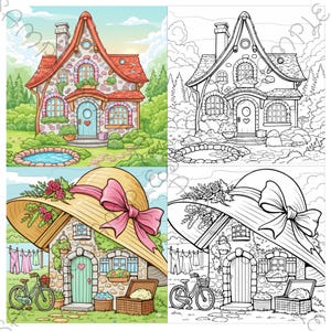 May include: A colorful illustration of a whimsical house with a red roof, stone walls, and a blue door. The image also features a house with a large straw hat, a bicycle, and a picnic basket. The image is a coloring book page.