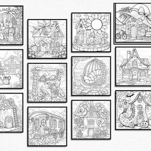 May include: A collection of framed black and white illustrations of whimsical houses and cottages. Each piece features detailed line art of fairy tale dwellings, surrounded by flowers, trees, and other natural elements, perfect for coloring.