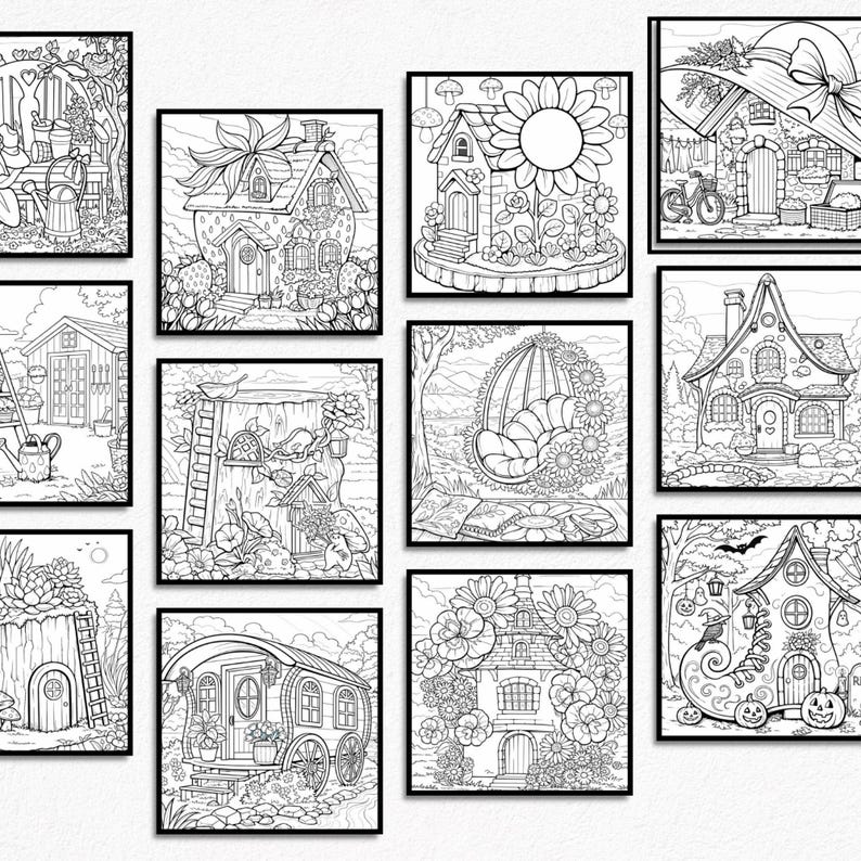 May include: A collection of framed black and white illustrations of whimsical houses and cottages. Each piece features detailed line art of fairy tale dwellings, surrounded by flowers, trees, and other natural elements, perfect for coloring.