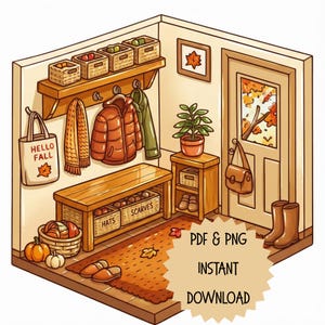 May include: An illustrated autumn-themed entryway scene. Features a wooden bench with storage for hats and scarves, a coat rack with jackets and a scarf, and a tote bag that says "Hello Fall". Includes a rug, pumpkins, and a door with an autumn view.
