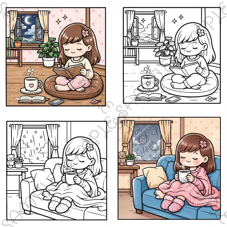 4 Seasons Cozy Coloring Book | Girly Hygge Coloring Pages | Kawaii Seasonal Coloring | Relaxing Bold Line Art | 24 Pages