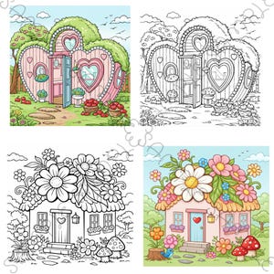 May include: Four colorful illustrations of whimsical houses. Two heart-shaped houses with pink exteriors and green roofs are shown, one in color and one in black and white. The other two images depict houses with flower-covered roofs, one in color and one in black and white.