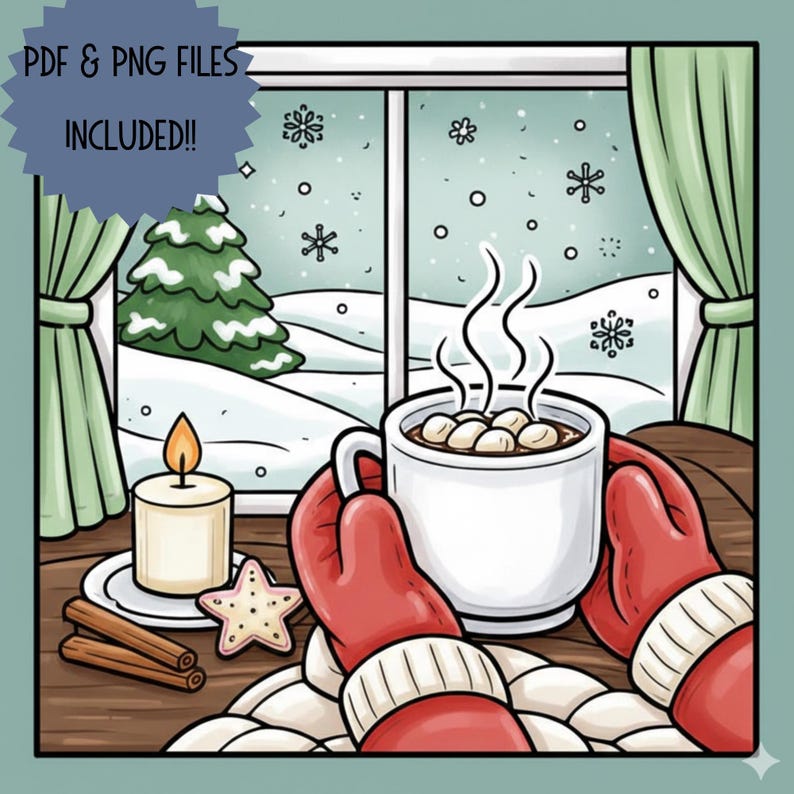 May include: A cozy winter scene illustration. A person wearing red mittens holds a white mug of hot chocolate with marshmallows. A lit candle, star-shaped cookie, and cinnamon sticks sit on a wooden surface. Snow falls outside a window.