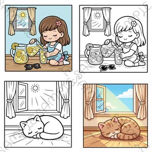 May include: A set of four cartoon illustrations. The top left shows a girl pouring lemonade. The top right is a black and white version of the same scene. The bottom left shows a sleeping cat. The bottom right shows a cat sleeping in the sun.