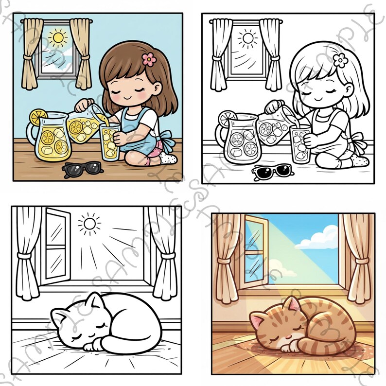 May include: A set of four cartoon illustrations. The top left shows a girl pouring lemonade. The top right is a black and white version of the same scene. The bottom left shows a sleeping cat. The bottom right shows a cat sleeping in the sun.