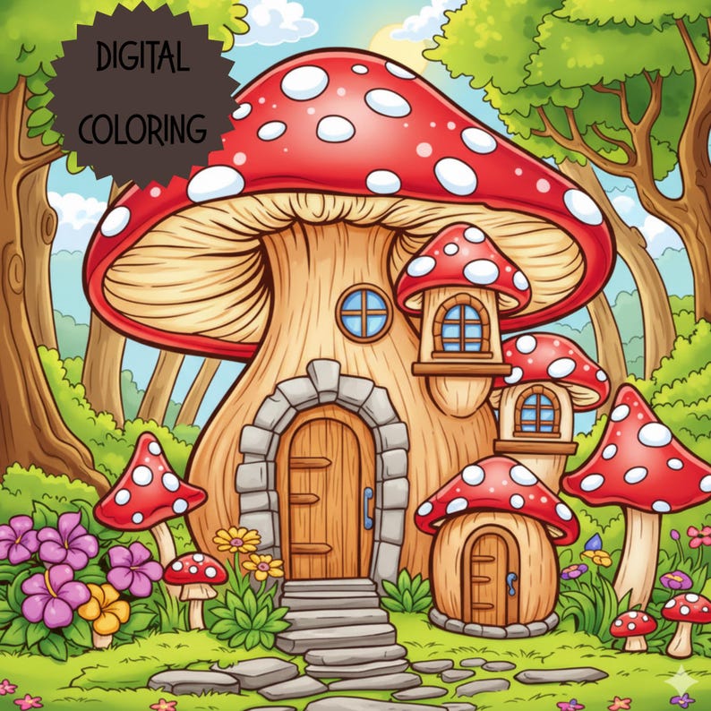 May include: A whimsical illustration of a mushroom house with a red and white spotted cap. The house has a wooden door, stone steps, and small mushroom-shaped windows. The text "DIGITAL COLORING" is in the upper left corner. The scene is set in a forest.