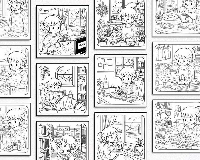 Soft Life Scenes Coloring Book - Relaxing Kawaii Illustrations, 20+ Pages (Digital Download) image 5