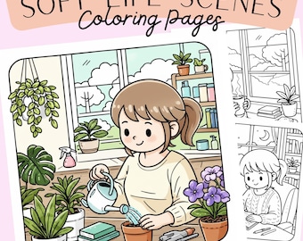 Soft Life Scenes Coloring Book - Relaxing Kawaii Illustrations, 20+ Pages (Digital Download)