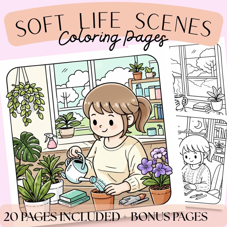 Soft Life Scenes Coloring Book - Relaxing Kawaii Illustrations, 20+ Pages (Digital Download) image 1