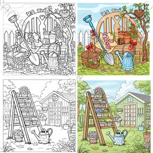 May include: A colorful illustration of a garden scene with a wooden bench, shovel, watering can, and a basket filled with flowers. A ladder holds potted flowers, and a small shed is in the background. The scene is filled with vibrant colors.