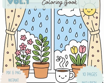 Kawaii Spring Coloring Pages – Cozy Kitchen & Spring Flowers | 10-Page Digital Download (PDF + PNG)