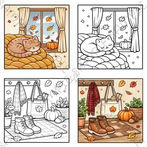 May include: A cozy autumn illustration featuring a sleeping cat on a blanket near a window with falling leaves and a pumpkin. The image also includes a tote bag, boots, and a scarf, evoking a fall theme.